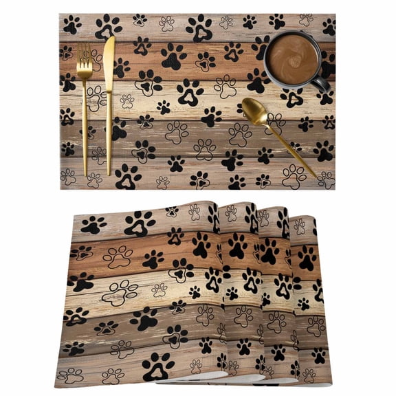 Placemats Set of 6, Brown Beige Woven Placemat, Linen Place Mats for Kitchen/Dining Tables, Rustic Farmhouse Dog Paw Vintage Washable Table Mats for Party