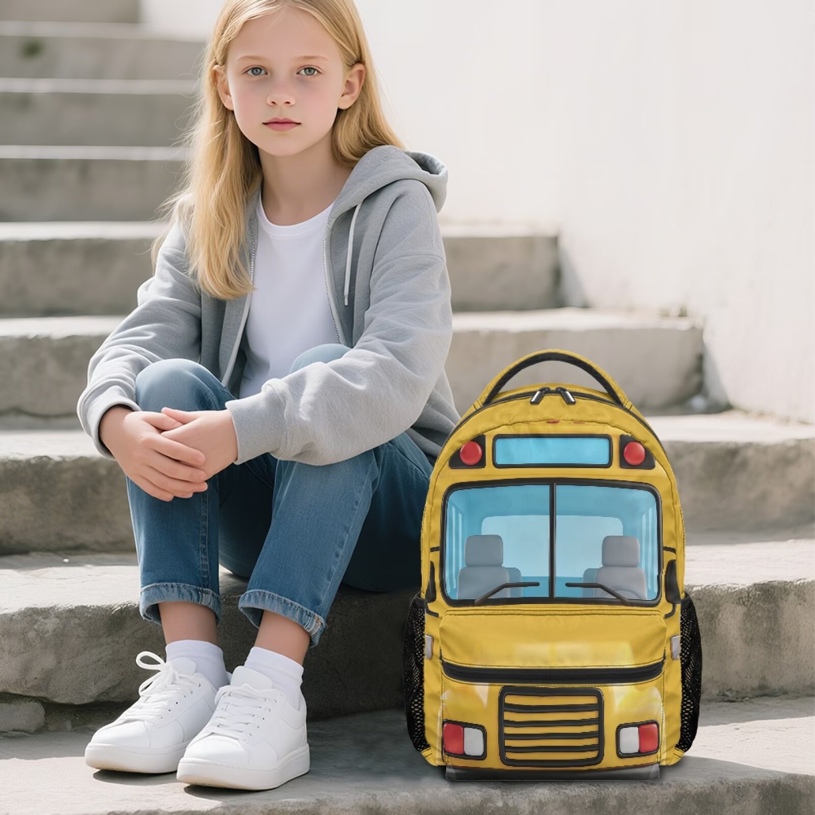 Mochila escolar para niños y niñas, estudiantes de primaria, vehículos de autobús escolar, liviana, resistente al agua, poliéster, 16 pulgadas, con múltiples bolsillos 5