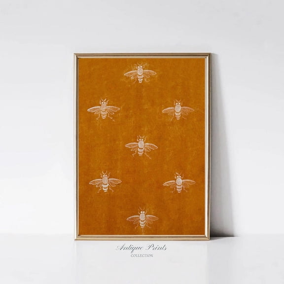 Vintage Rustic Textile Pattern Wall Art, Burnt Orange Tapestry Print, Autumn Farmhouse Wall Decor, Bees Pattern, Unframed Paper Print