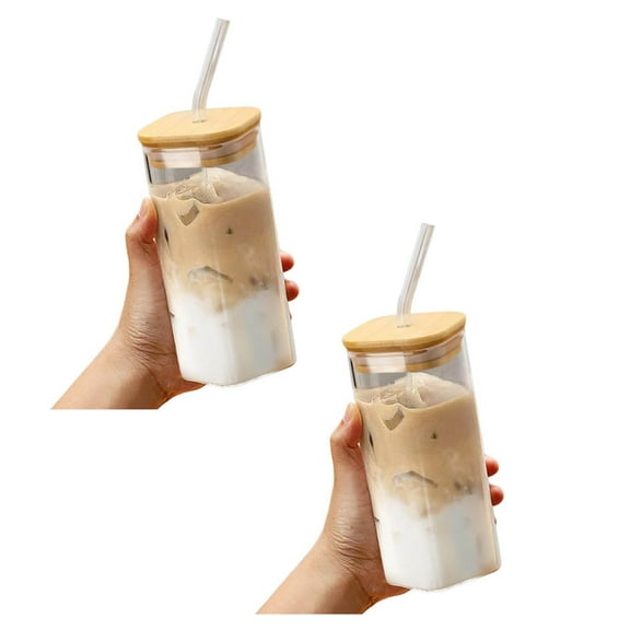 2Pack Heat Straw Glass Cup 400Ml Cold Drink Cup Juice Cup With Lid Milk Cup Glass Texture Suitable For Beverage Use Coffee Cup Glass&Bottle Home Decor