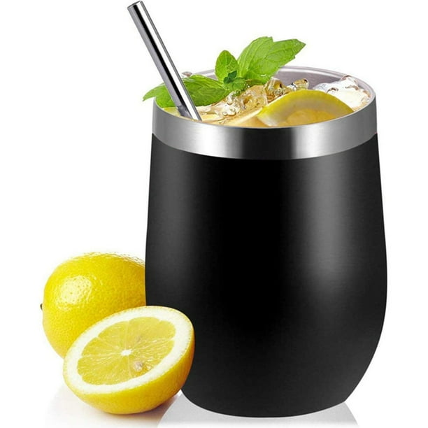 Juego de tazas de cáscara de huevo de acero inoxidable 304 de 12 oz, taza de aislamiento de vino de gran barriga en forma de U con cubierta de taza de pajita, cepillo negro