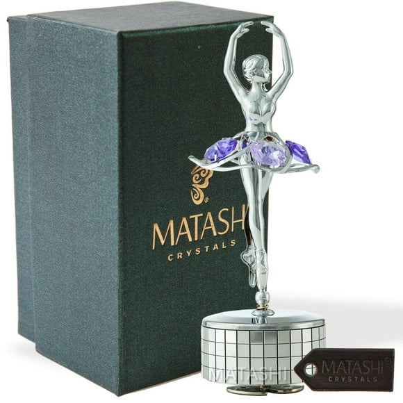 Chrome Plated Silver Ballet Dancer Wind-Up Music Box plays - "Memory" | Table Top Ornament w/ Purple Crystals | Chrome Plated Home or Bedroom Décor | Girls, Women, Ladies