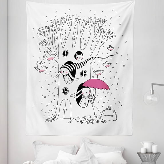 Magic Tapestry, Minimalist Habitat Drawing with Rabbits Tree Hole Houses in Rainy Day Hollow Design, Fabric Wall Hanging Decor for Bedroom Living Room Dorm, 5 Sizes, White Pink, by Ambesonne
