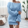 thumbnail image 5 of Women's Sweater Dress Knit Dress Long Sleeve Off Shoulder Solid Color Casual Winter Dress for Loungewear,Sky Blue,L, 5 of 7