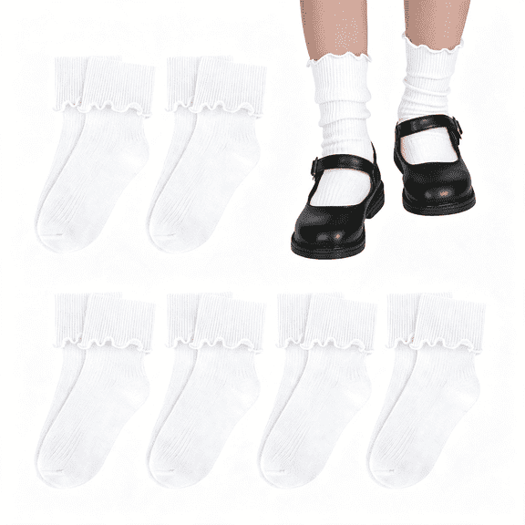 OQRKI Ruffle Socks for Girls Kids Toddler Turn Cuff Dress School Uniform Sock Cute Ruffle Socks