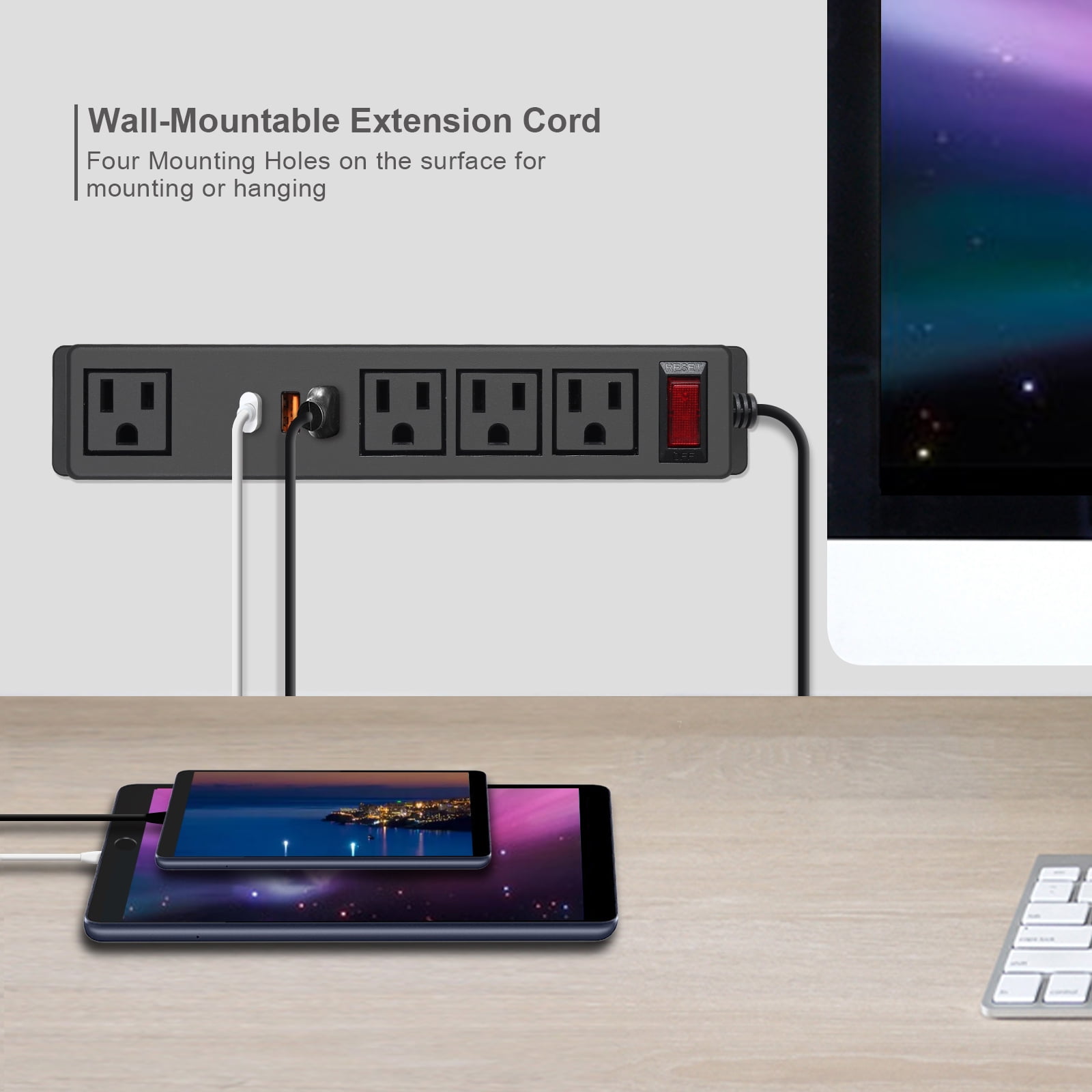 Wall Mount Power Strip USB C Fast Charge 20W 4 AC Outlets and 3 USB Ports