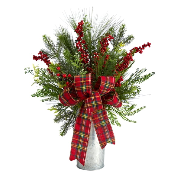 Nearly Natural 28in. Holiday Winter Greenery, Berries and Plaid Bow Artificial Christmas Arrangement Home Décor