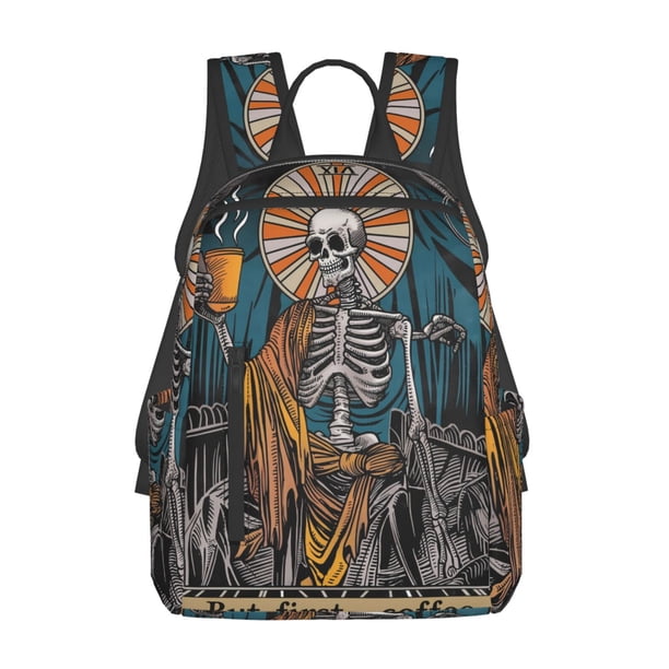 Fotbe Coffee-Drinking Skull Mochila Ligera para Hombres y Mujeres - Duradera y Resistente al Agua, Ideal para Escuela, Trabajo, Viajes y Uso Diario