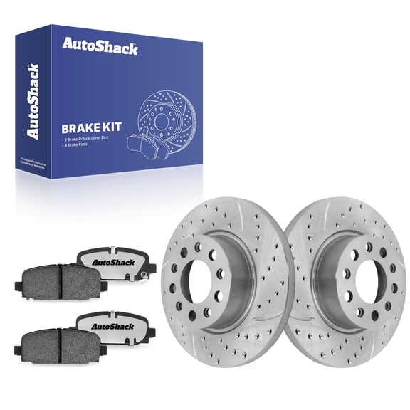 AutoShack Rear Solid Drilled & Slotted Silver Zinc Coated Brake Rotors   Ceramic Pads 6-PC Brake Kit Replacement for 2018-2023 Jeep Compass 2025 Jeep Compass SilverShield Pro 10.94" (278 mm)