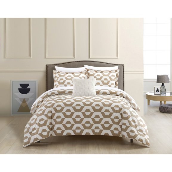 Chic Home Miles 3 Piece Comforter Set Contemporary Geometric Hexagon Pattern Print Design Bedding - Decorative Pillow Sham Included, Twin, Beige