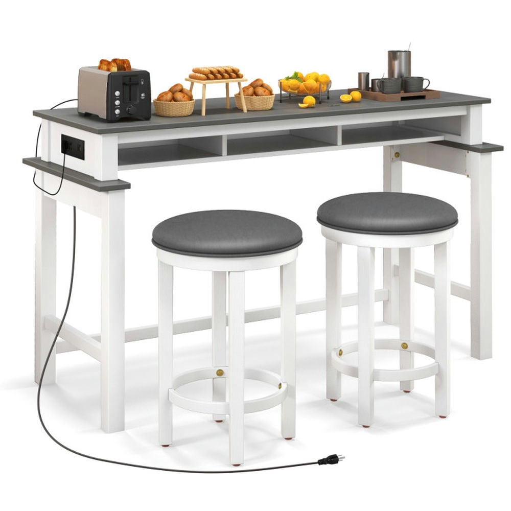 GVN 3-Piece Home Bar Set with 2 Upholstered Bar Stools Outlets and USB Ports-Gray, Counter Height Table, Kitchen Bar Height Table and Chairs for Dining Room, Small Space GVN 3-Piece Home Bar Set with 2 Upholstered Bar Stools Outlets and USB Ports-Gray, Counter Height Table, Kitchen Bar Height Table and Chairs for Dining Room, Small Space
