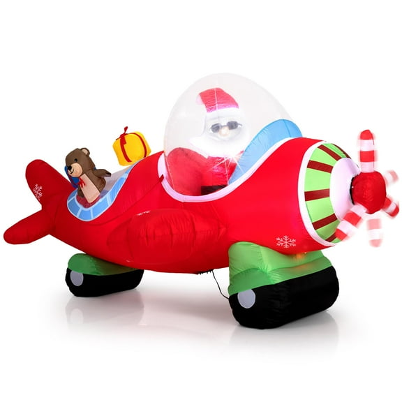 Gymax 7.2 FT Outdoor Christmas Inflatables Airplane w/ Gift Boxes & Built-in LED Lights Multicolor