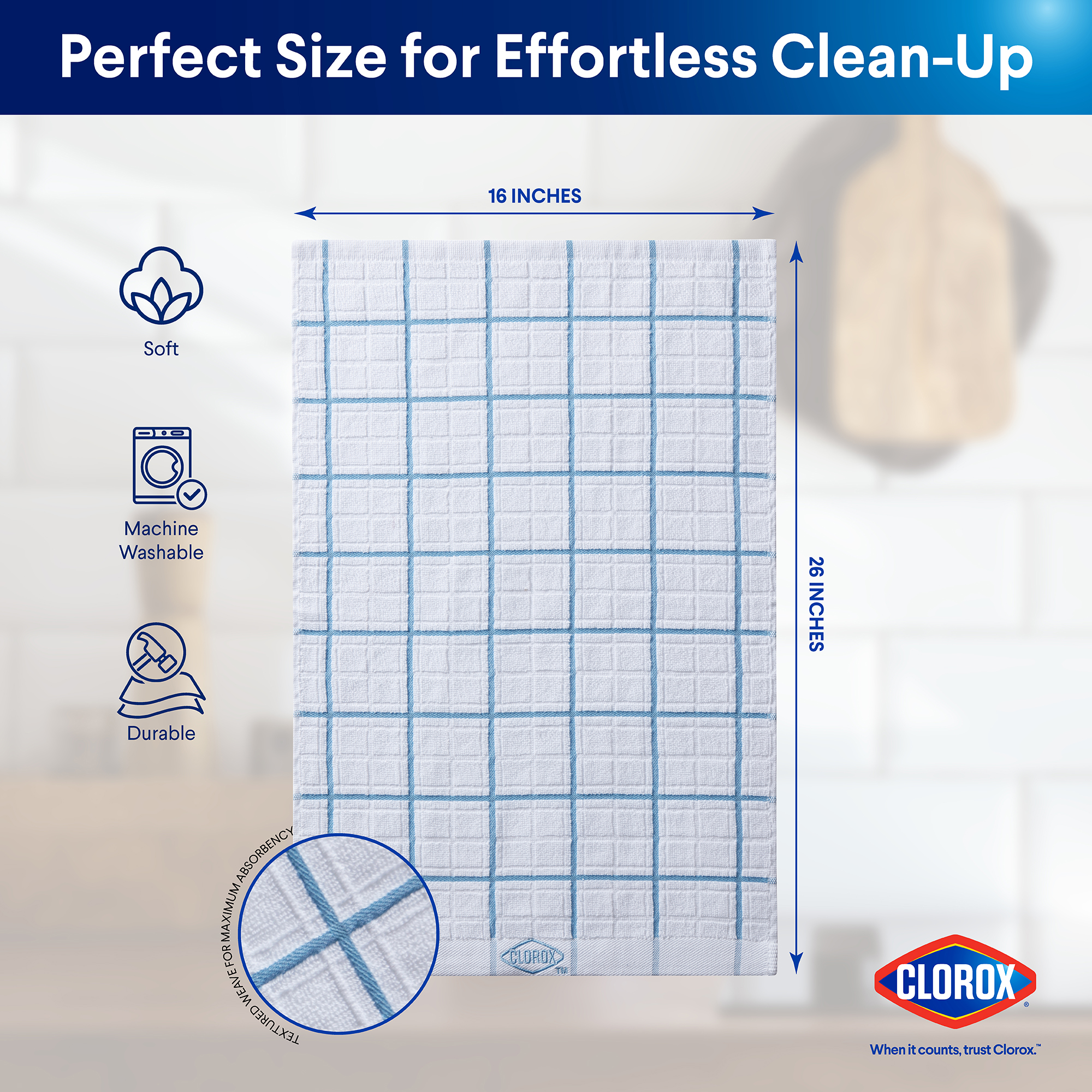 (2 pack) Clorox Cotton Kitchen Towel 1 Pack, for Cooking, Drying Dishes, Cleaning - (16" x 26") Blue