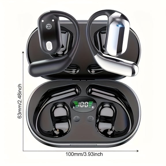 Famous Tech Shop Bone Conduction Bluetooth 5.4 Earbuds, Open-Ear, Black, LED Display, IPX5 Waterproof, 50-Hour Playtime