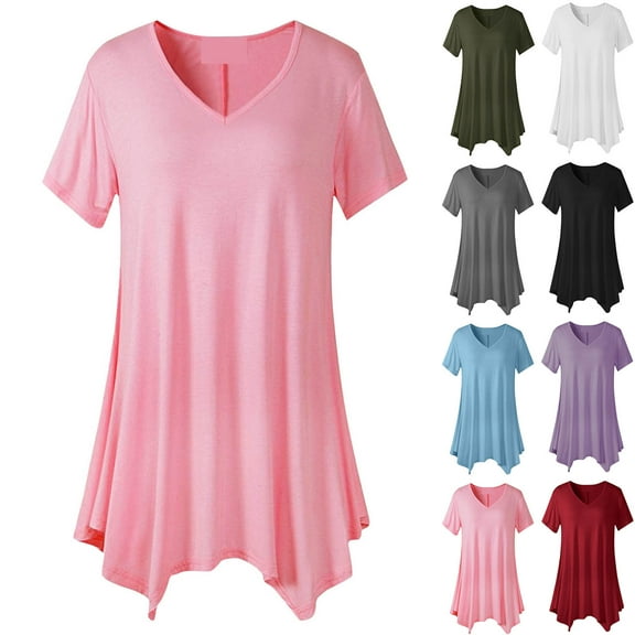 Otvok Fashion Womens Shirts Casual Solid Color Short Sleeve V-Neck Blouses