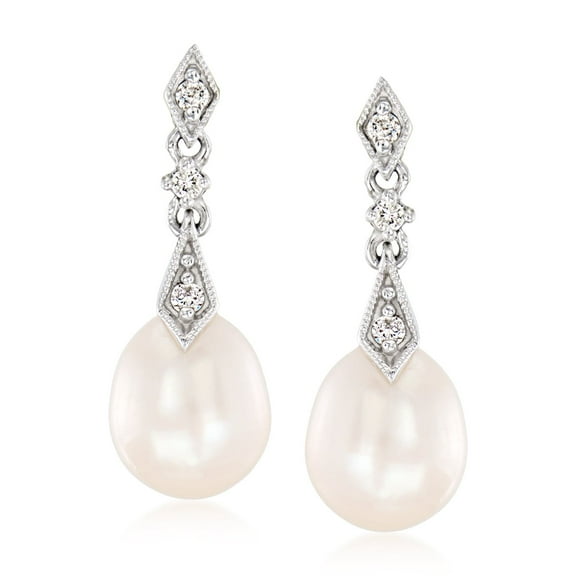 Ross-Simons 8mm Cultured Pearl and .10 ct. t.w. Diamond Drop Earrings in 14kt White Gold, Women's, Adult