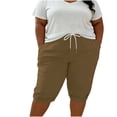 thumbnail image 3 of Women's Plus Size Shorts, Drawstring Elastic Waist Shorts with Pockets, Cotton Blend Loose Sport Knee‑Length Shorts for Beach Workout Daily | TruHer,Brown L, 3 of 8