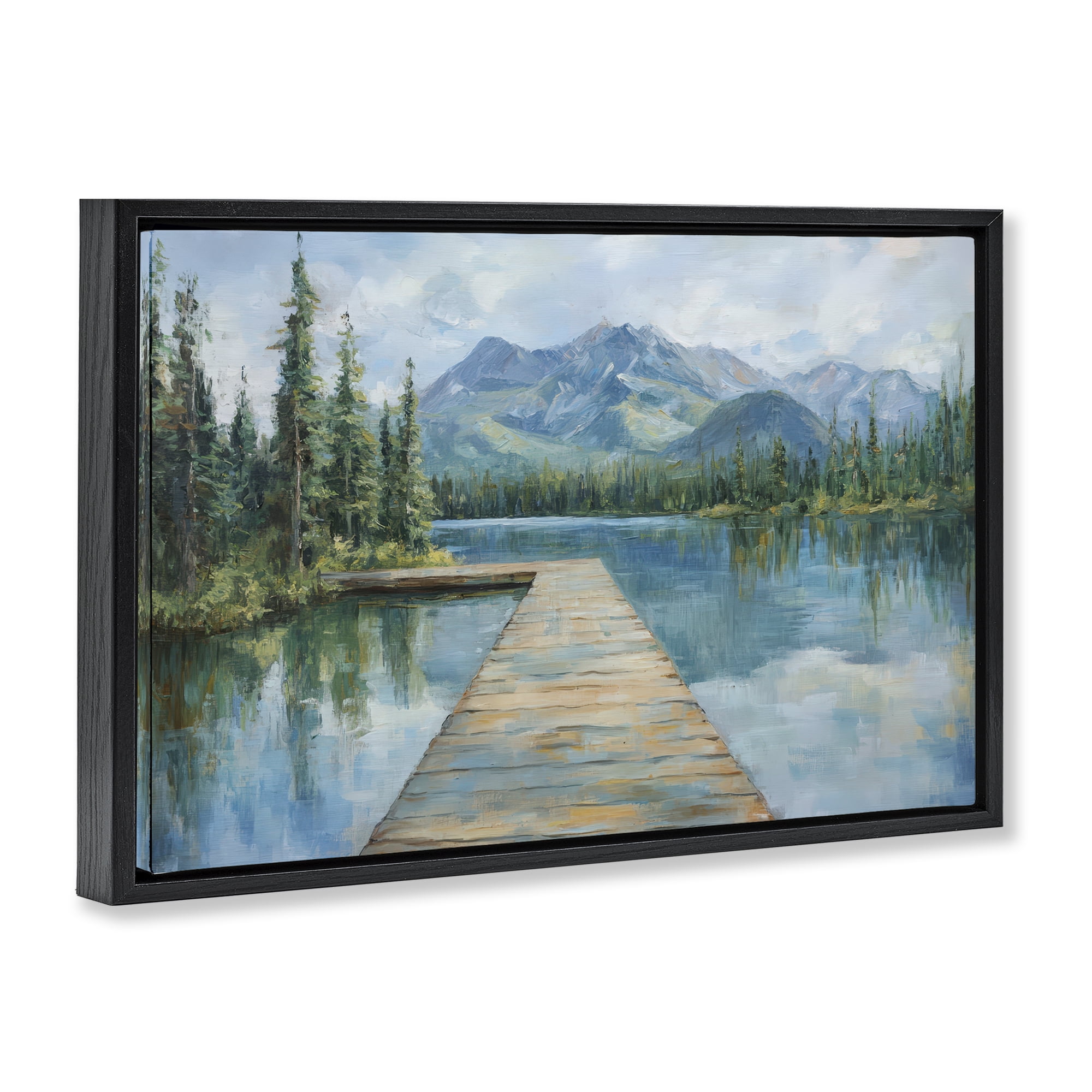 Stupell Industries Peaceful Lake Dock in the Mountains Black Framed Floater Canvas Wall Art, design by Petal Prints Design