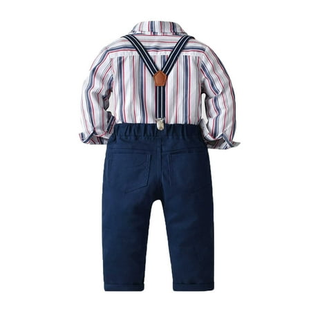 

Honeeladyy Winter Coats Newborn Clothes Boys Stripe Long Sleeve Suspender Trousers Boys Sling Gentleman Party Birthday Clothes Formal Suit Dark Blue Clearance under 10$