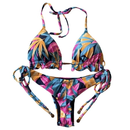 

HoCX Women Floral Print Push Up Halter Bra Briefs Two Piece Set Bikini Set Swimsuit for Swimming