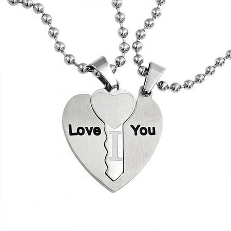 - I Love You Couples Heart Shaped Interlocking Key Pendant Necklace For Women Stainless Steel Set 18 Inch