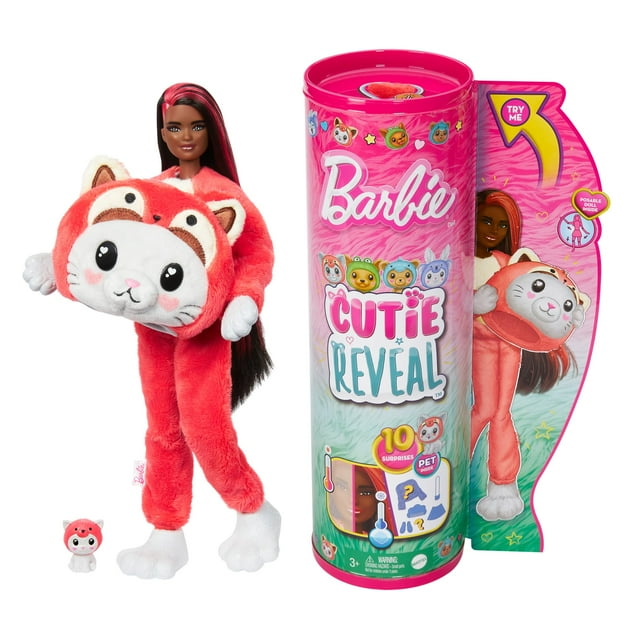 Barbie Cutie Reveal Doll & Accessories with Animal Costume & 10 Surprises Including Color Change, Kitten as Red Panda in Costume-Themed Series