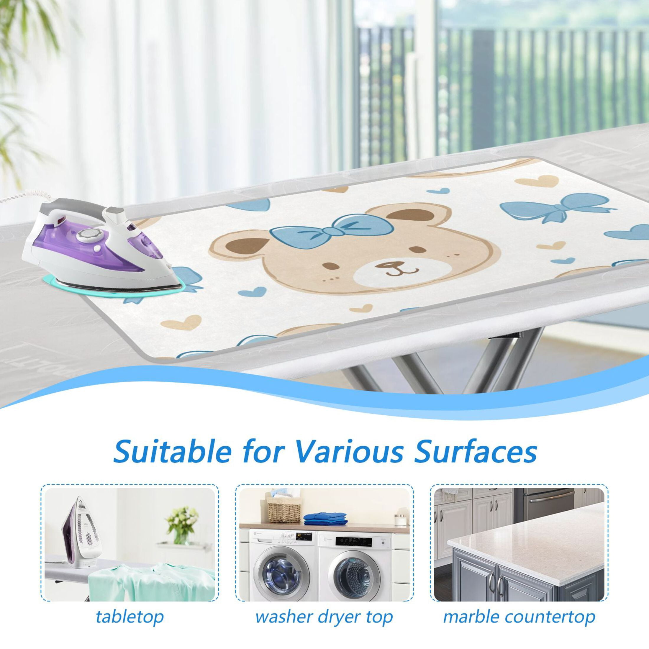 Cute Bear Faces Blue Bowknots Hearts Ironing Mat Blanket Portable Travel Ironing Pad Heat Resistant Pad 47.2" x 27.6”