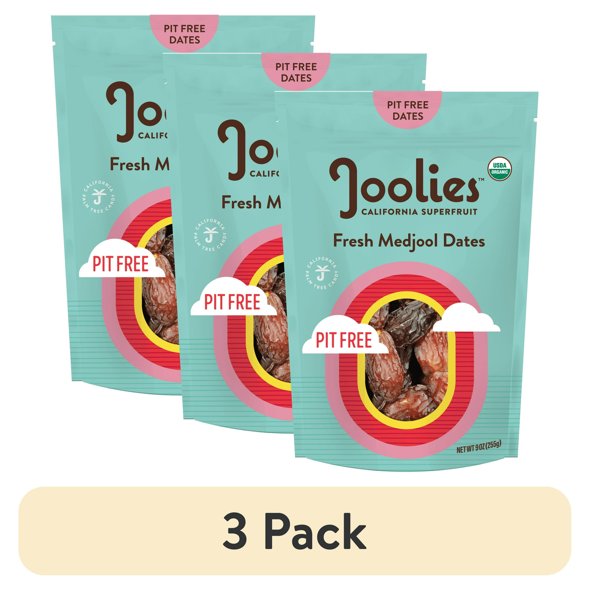 (3 pack) Joolies Organic Pit Free Medjool Dates, 9oz Pack - Fresh Dried Fruits