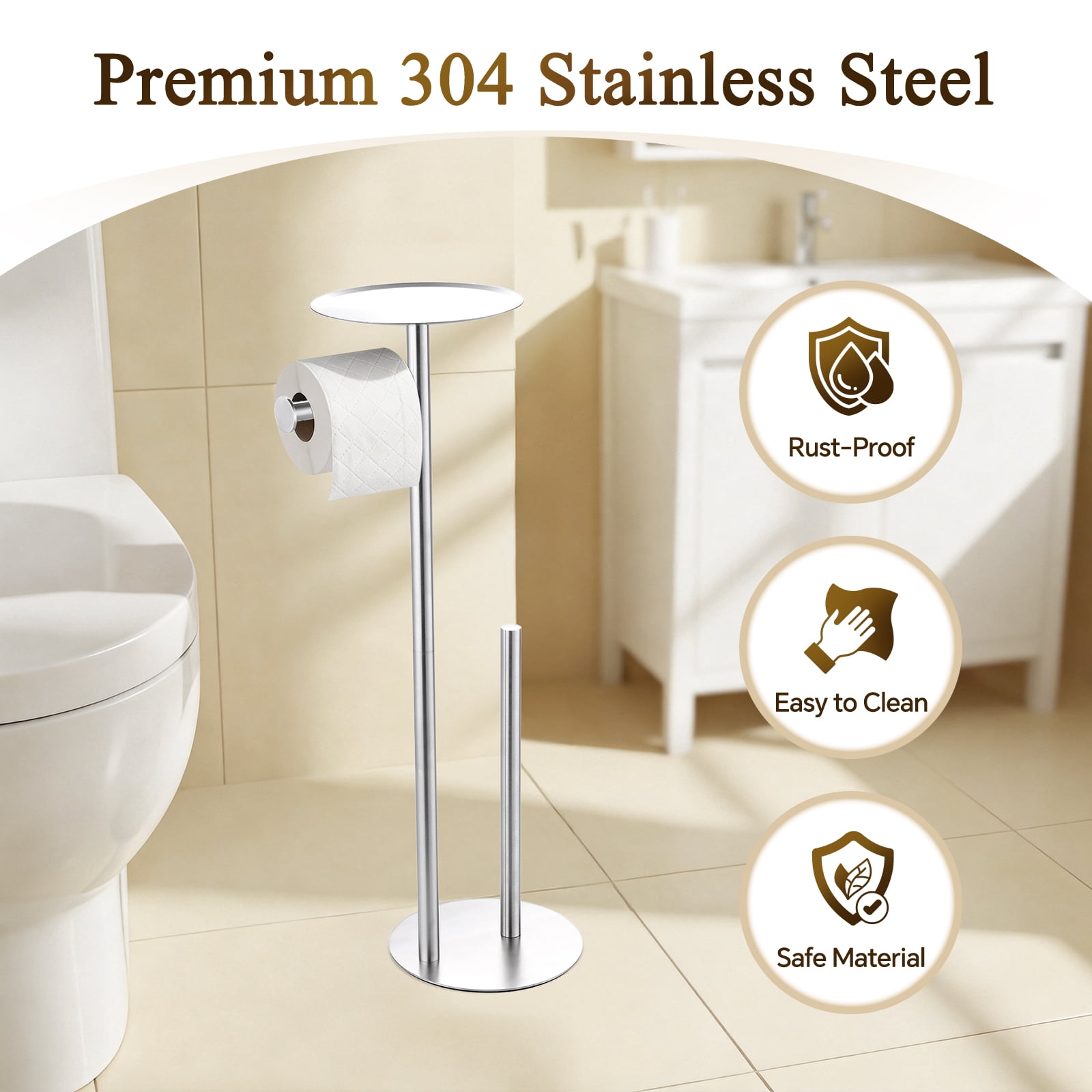 Towond Toilet Paper Holder Stand with Top Storage Shelf, 304 Stainless Steel Toilet Paper Roll Holder Free Standing for 4 Rolls , White
