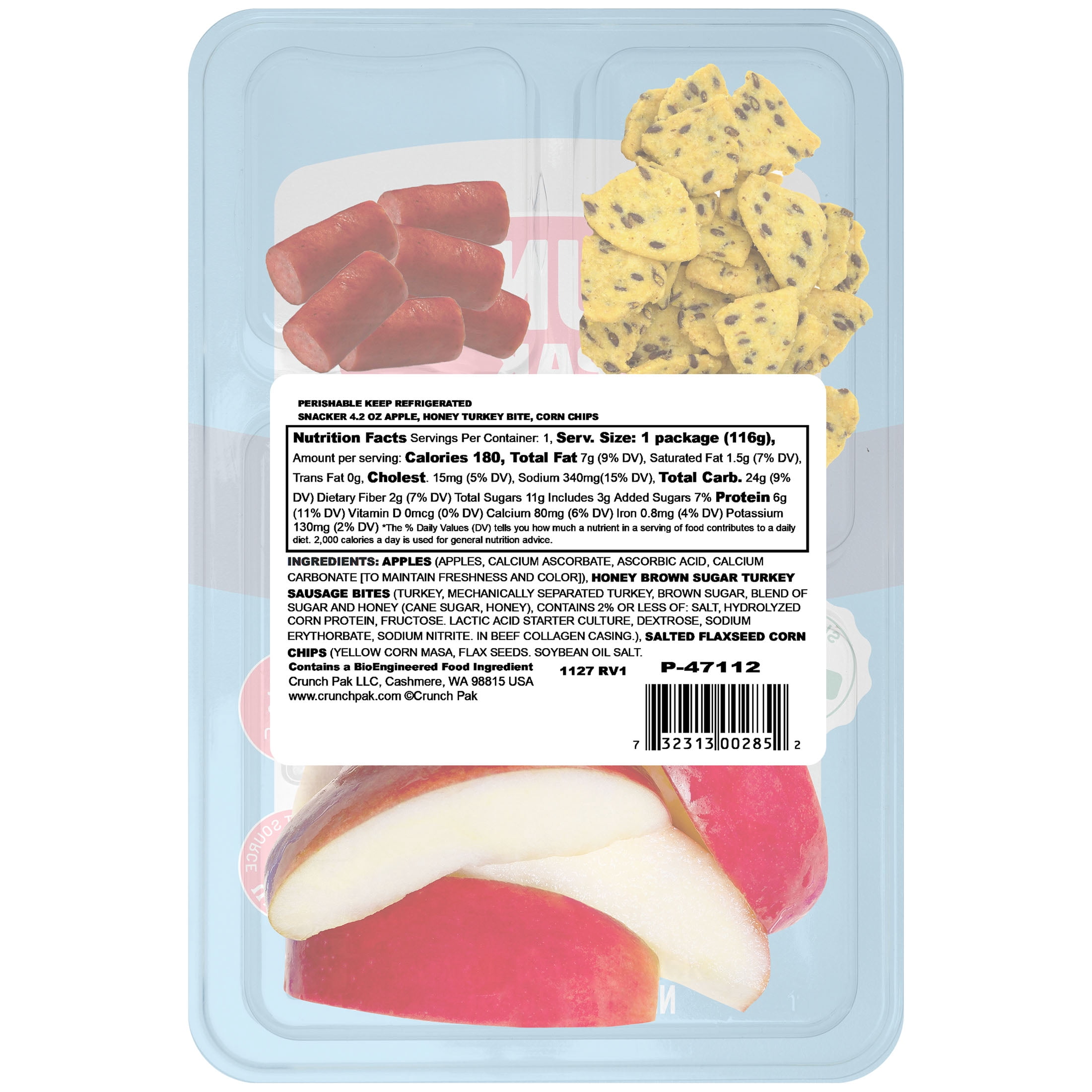 Crunch Pak Snack Pak Fresh Apple Slices,  Salted Flaxseed Corn Chips & Honey Brown Turkey Sausage, 4.2oz Tray