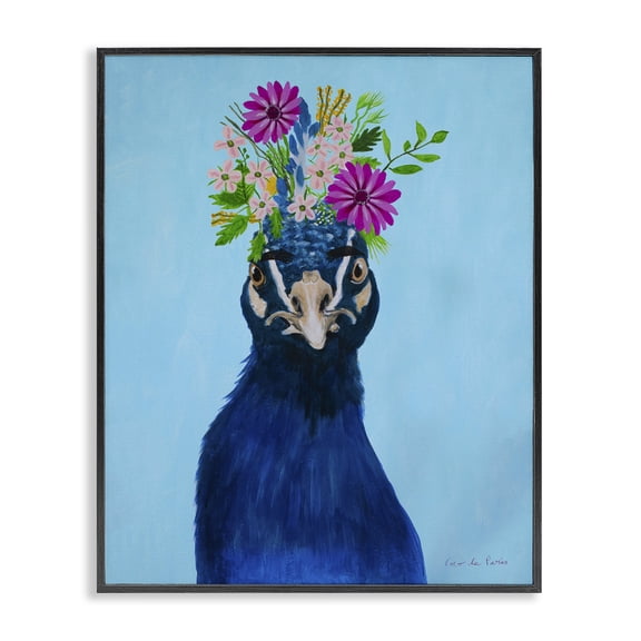 Stupell Industries Bohemian Gerbera Forget Me Not Flowers Royal Blue Peacock Portrait Black Framed Giclee Art, 11 x 14, by Coco de Paris