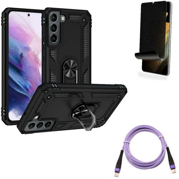Purple 6ft PD Cable & Privacy Screen Protector & Hybrid Case Cover for Samsung Galaxy S22 Plus (S22 ) - Combo Type-C to USB-C Long Charger Cord Power & TPU Film (Fingerprint) Anti-Peep & Metal Ring