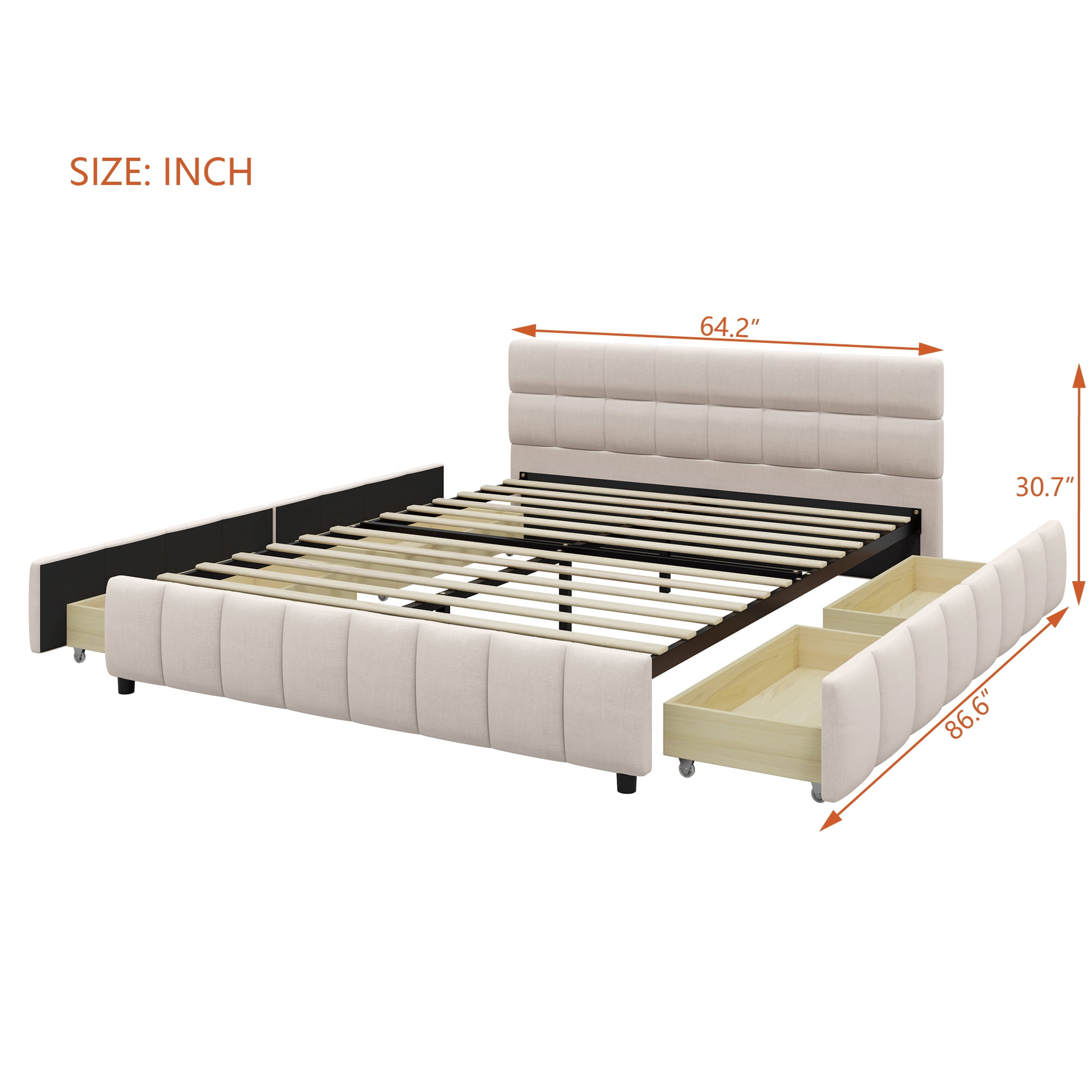 Howcool Queen Size Upholstered Platform Bed Frame with 4 Storage Drawers,Tufted Headboard,Linen Low-profile Bed with Wooden Slats,No Box Spring Needed,Beige