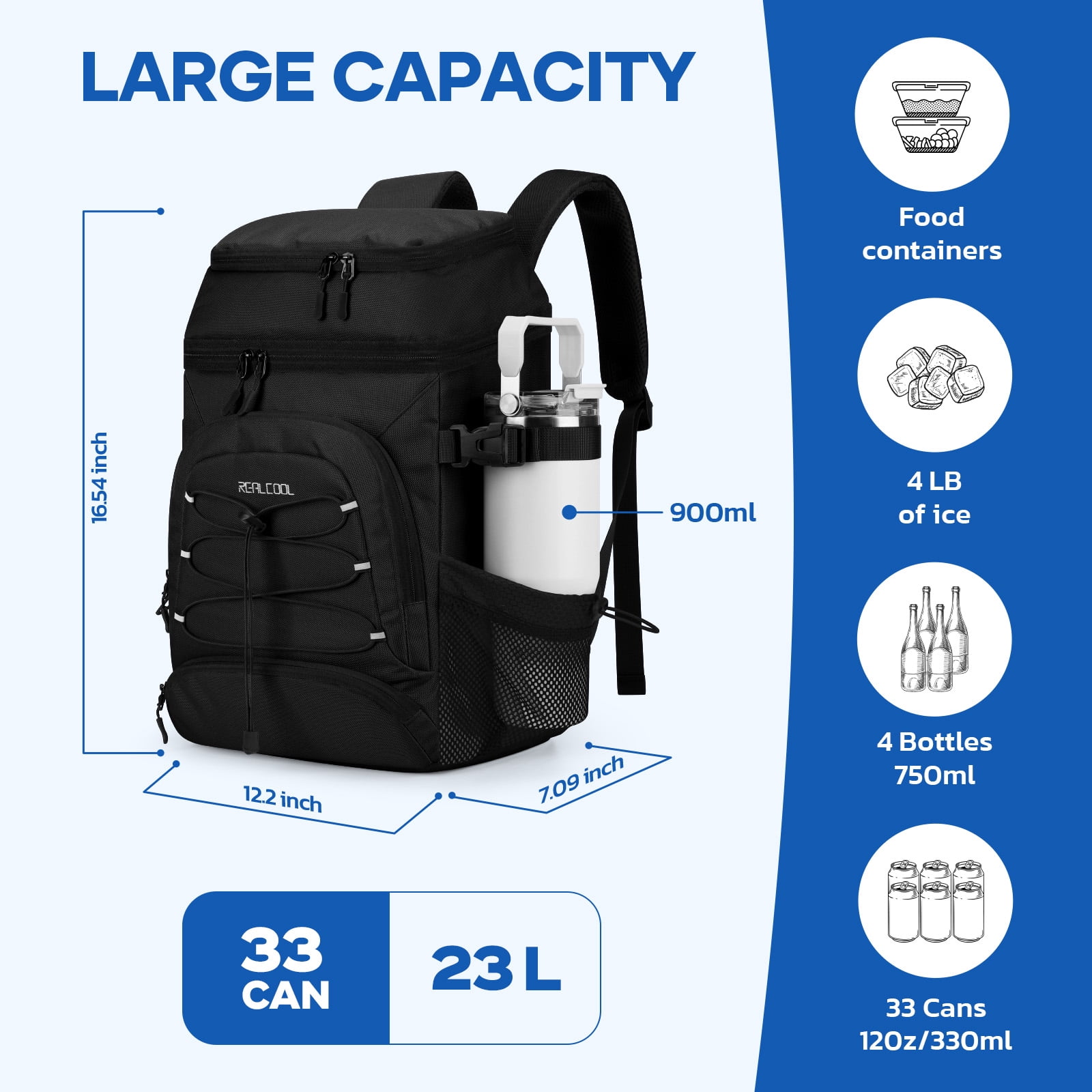 Realcool Backpack Cooler，33 Cans Insulated Leakproof Soft Cooler Bag Lightweight Camping Beach Lunch Backpack for Men Women Black