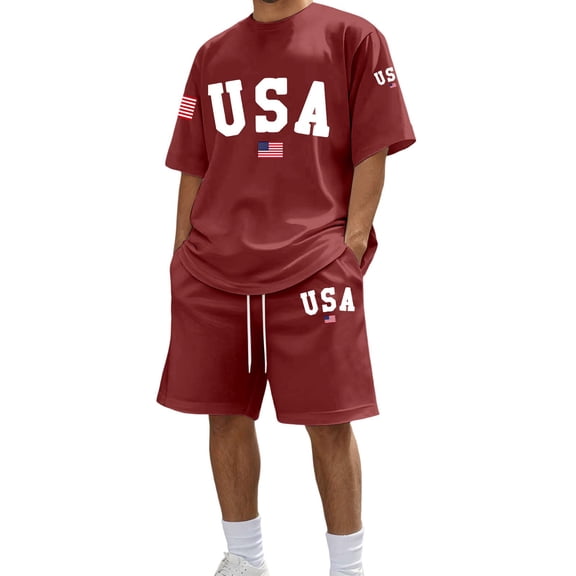 Mens 2 Piece Outfits Summer Short Sleeve USA Print T-Shirt and Shorts Loose Fit Comfortable Loungewear Pajama Set
