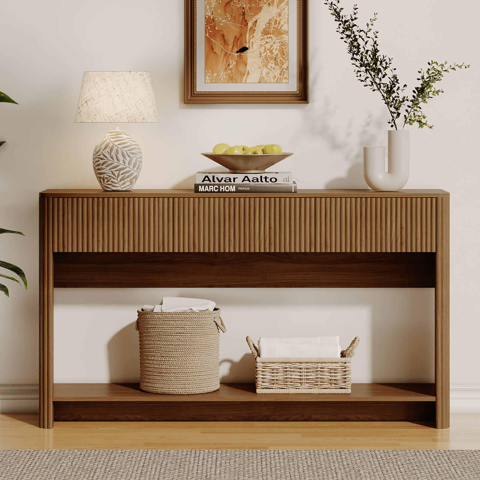 UGTOO Walnut Hollow Console Table – 3-Drawer Entryway Desk with Kick-Toe Design, 200 lb Capacity (47.2"L x 11.8"W)