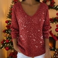 thumbnail image 2 of Womens Oversized Sweatshirts Sequin Print Long Sleeve V Neck Drop Shoulder Plain Pullover Tops Red, 2 of 5