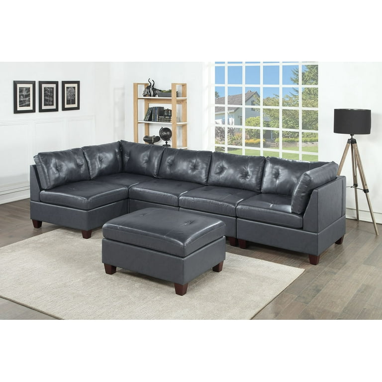 Black Top Grain Leather 6pc Corner Sectional Sofa Contemporary Living Room Furniture Corner Wedge Ottoman Armless Chair Couch