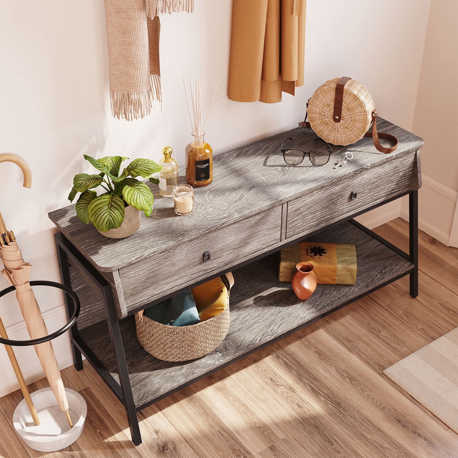 Bestier TV Stand for TVs up to 65" with Adjustable Wall Mount, Retro Grey Oak