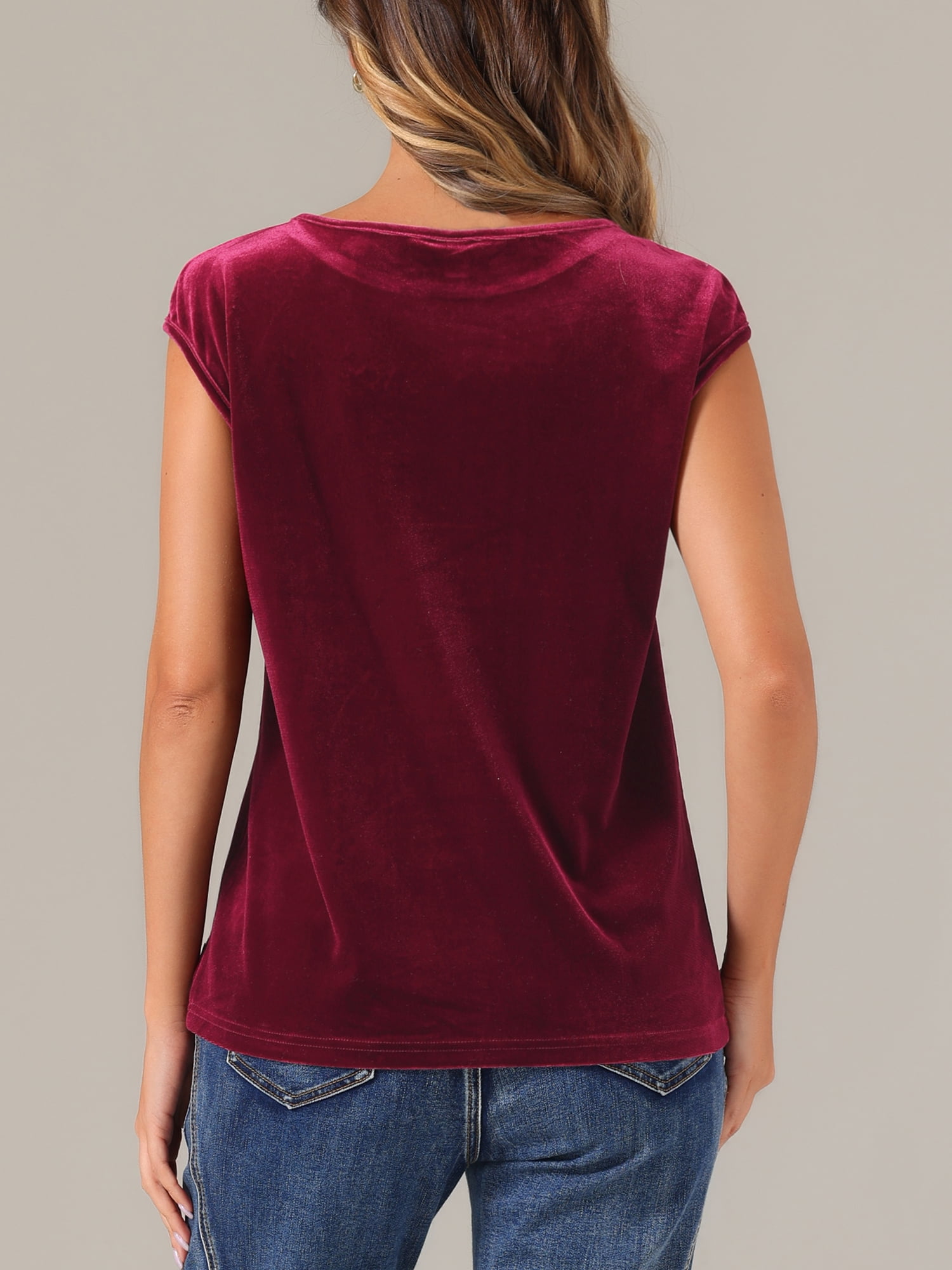 DARING DIVA Women's Velvet Christmas Party Crew Neck Cap Sleeve Top L Burgundy