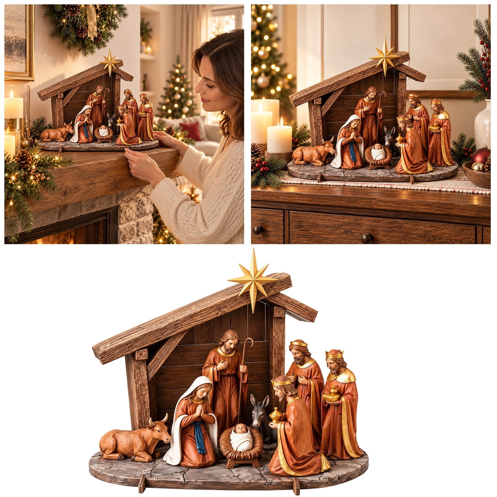 Christmas Nativity Scene Set Holy Family Manger Tabletop Decor with Mary Joseph Baby Jesus Wise Men and Star for Mantel Shelf Church and Holiday Home Display 11.81 Inch