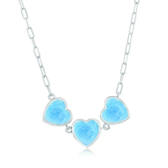 Beaux Bijoux Sterling Silver Natural Larimar Necklace for Women - Paperclip Link Chain Necklace - Beautiful Blue Larimar Stones - Triple Larimar Heart Necklace for Women
