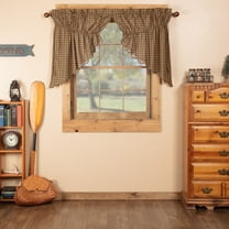 VHC Brands Rustic Cedar Green Plaid Cotton Ridge Kitchen Curtains Rod Pocket Drawstring Ties Prairie Swag Pair