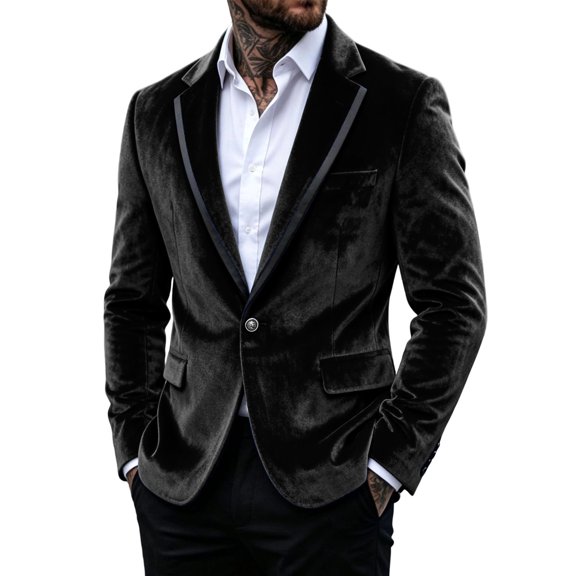 LMOIPLI Men's Velvet One‑Button Tuxedo Blazer Jacket, Satin‑Trim Lapel Long‑Sleeve Outerwear, Formal Evening Party Prom Suit Coat Black XXL