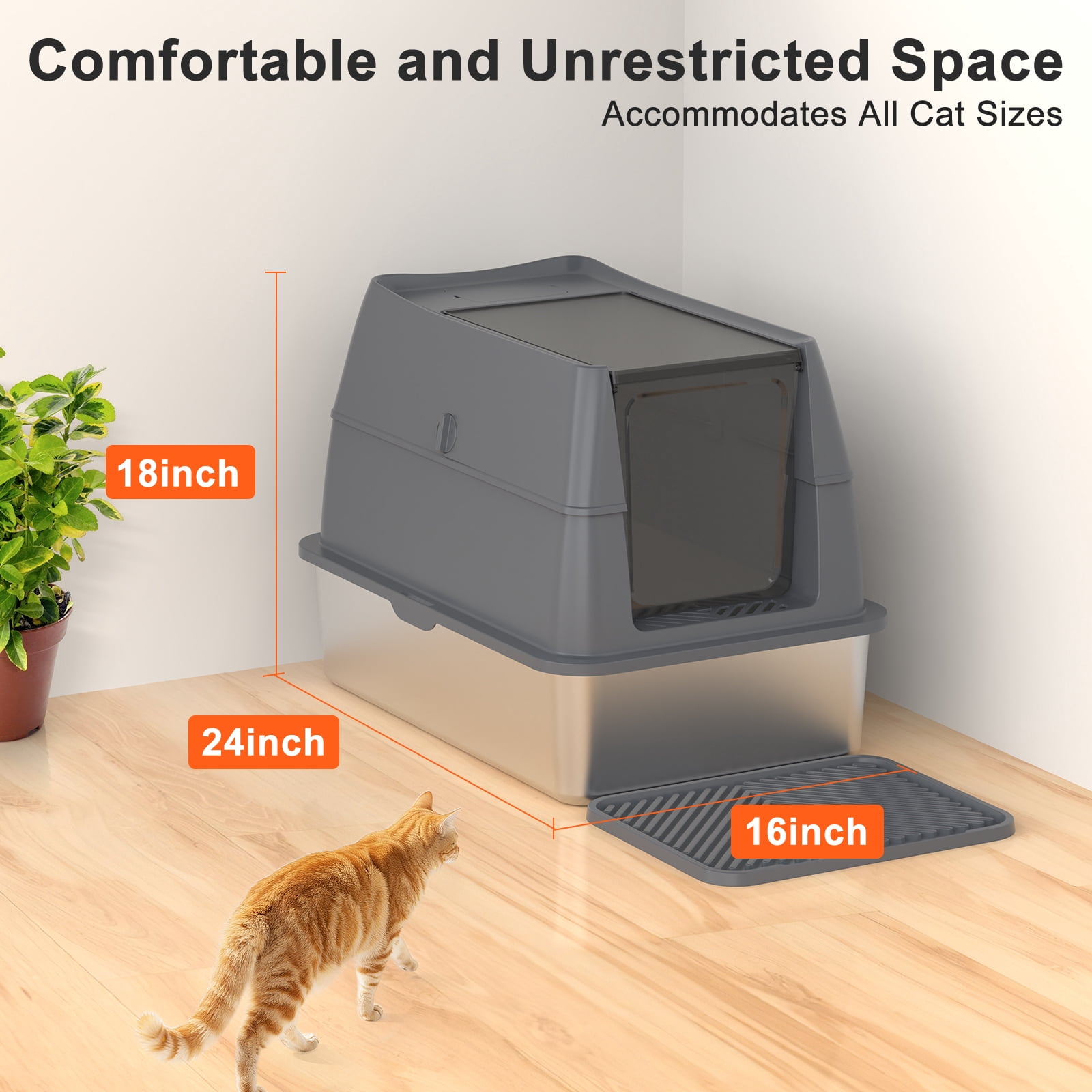 XL Extra Large Stainless Steel Litter Box with Lid, Metal Cat Litter Boxes for Big Cats Enclosed, Metal Litter Box with Litter Scoop Set, Non-Sticky, Anti-Urine Leakage, Dark Gray