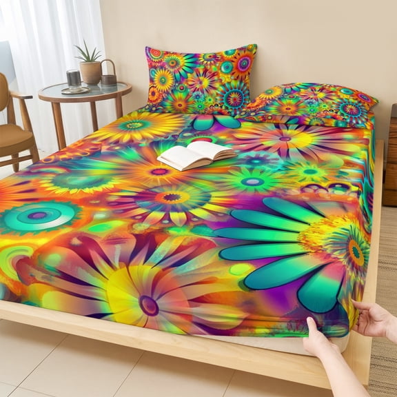 Cal.King Size Fitted Sheet Set - Colorful Flower 3 Piece Bedding Sets 16" Deep Pocket Fitted Sheet with 2 Pillowcases, Boho Abstract Sunflowers Vintage Blossom Brushed Microfiber Hotel Bed Sheets