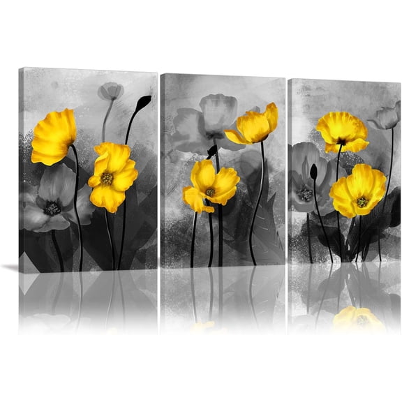 Yellow Flower Wall Art 3 piece Wood Painting Yellow and Grey Flower Posters Decor for Bathroom Bedroom Office Home Modern Abstract Flowers Canvas Wall Art Pictures Framed Ready to Hang 12"x16"x3