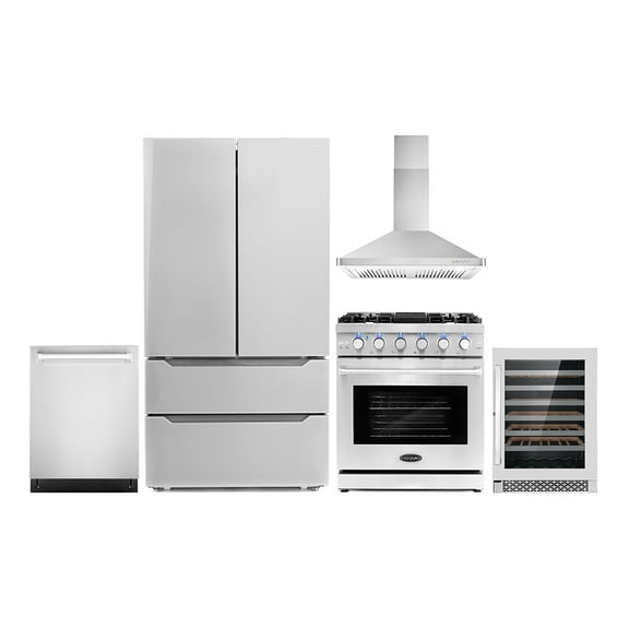 Cosmo 5 Piece Kitchen Appliance Packages with 30" Freestanding Gas Range 30" Wall Mount 24" Built-in Fully Integrated Dishwasher French Door Refrigerator & 48 Bottle Wine Refrigerator