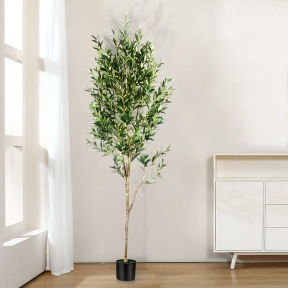 7FT Olive Tree Artificial Indoor - Tall Faux Olive Tree with Wood Trunk and Lifelike Fruits - Fake Plants in Pot for Home Office Living Room Decor