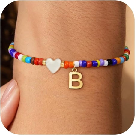 Bohemian Gold Charm Initial Bracelet for Women Girls, Colorful Beaded Heart Personalized Bracelet, Trendy Teen Girl Gift Jewelry